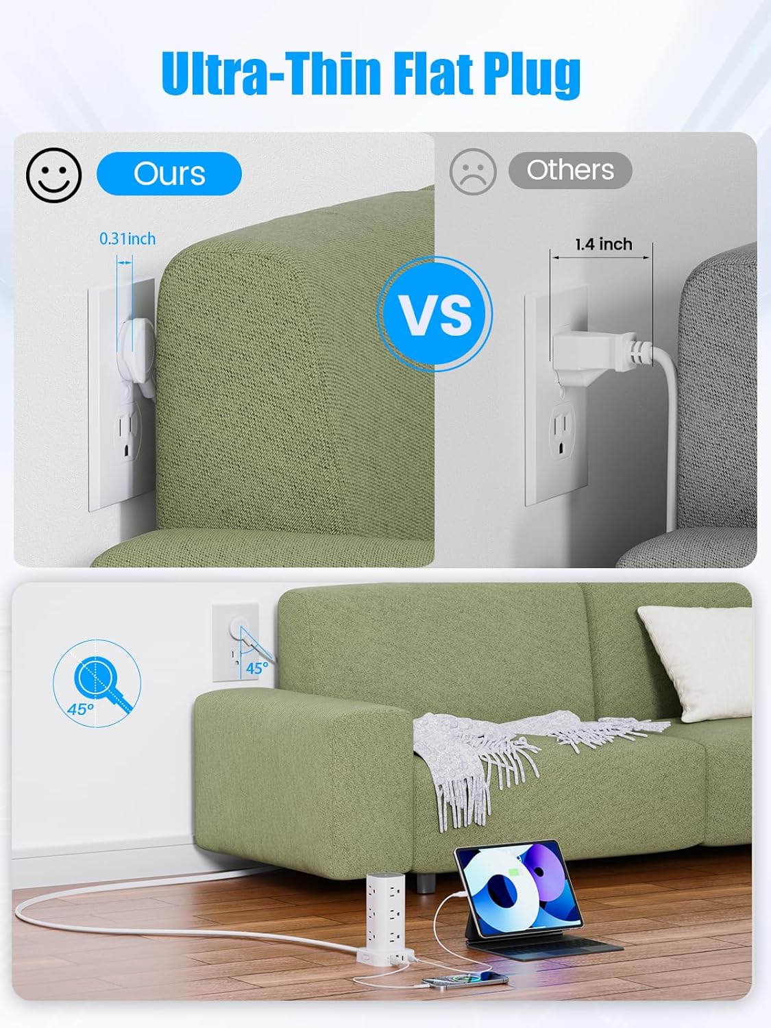 Tower Power Strip with 15W Wireless Charger, 6FT Flat Plug Extension Cord with Multiple Outlets, 12 AC Outlets, 4 USB Ports (2 USB C) Charging Station Surge Protector for Office Home Dorm Room (White)