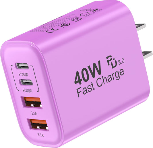 USB C Block 40W, 4 Ports Wall Plug Fast Charging Block, PD+QC Multiport Power Adapter USB C Charger Type C for iPhone 16,15,14,13,12,11, Pro Max, X, Xr, Xs, 8, 7, Watch, Galaxy Phones (Purple 1Pack)