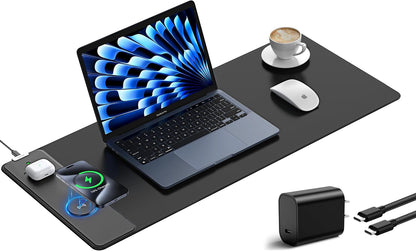 TopMade Mouse Pad with 15W Fast Wireless Charging, 31.5"x11.81" XL Large Gaming Mousepad, Waterproof Desk Pad, Classic Black Computer Desk Mat(Includes 20W PD Power Adapter & 6.56ft Woven Cable)