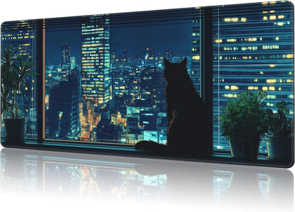 Mouse Pad Large Black Cat Non-Slip Gaming Desk Mat with Stitched Edge Laptop Keyboard Desk Pad for Work Home Gaming (35.4 x 15.7 Inches)