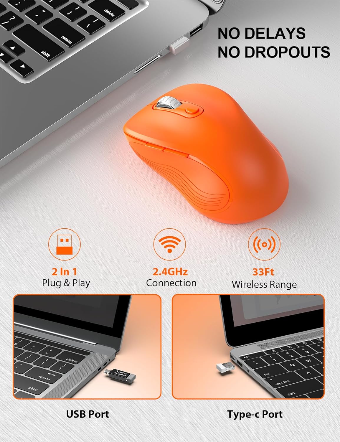 Trueque Wireless Mouse for Laptop, 2.4GHz Ergonomic Computer Mouse with Back & Forward Buttons, 3-Level DPI, 6 Buttons, Optical USB Cordless Mice for Windows Chromebook MacBook PC (Orange)