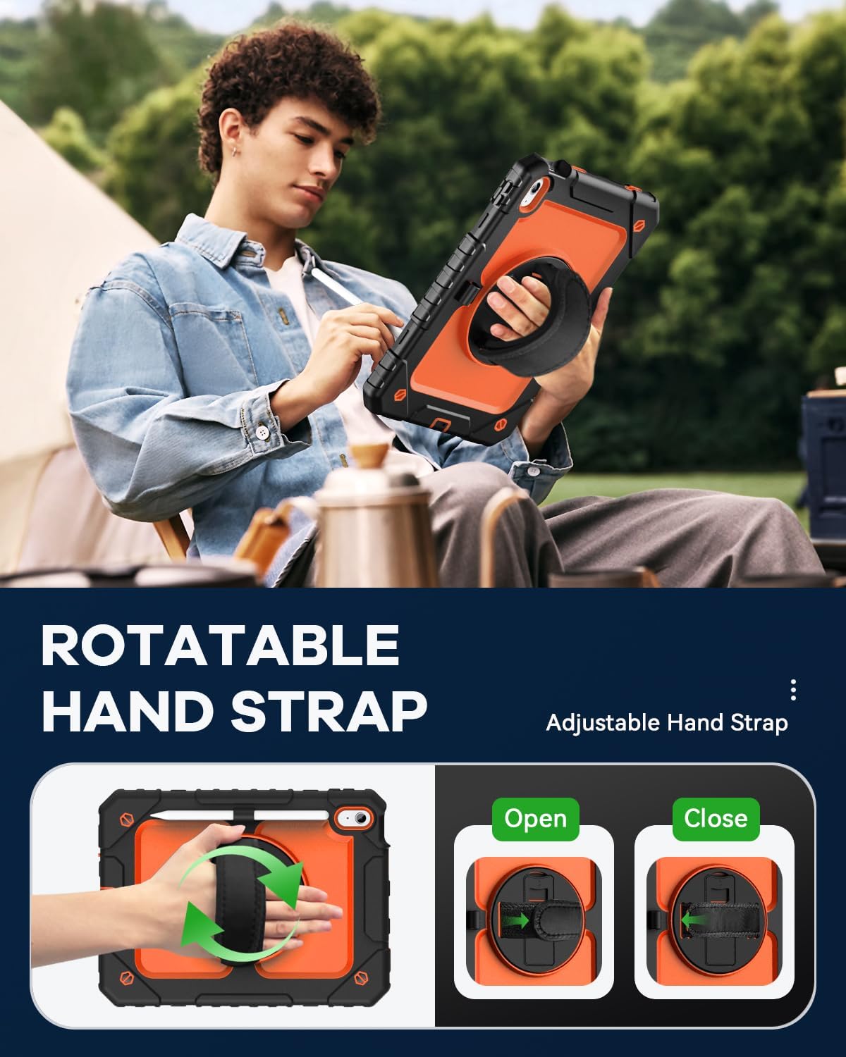 Cantis Case for iPad 11-inch (A16) 2025/ iPad 10th Generation 2022 (10.9 inch) with Screen Protector, iPad 11th Case with 360 Degree Rotating Stand/Shoulder Strap/Pencil Holder, Black+Orange