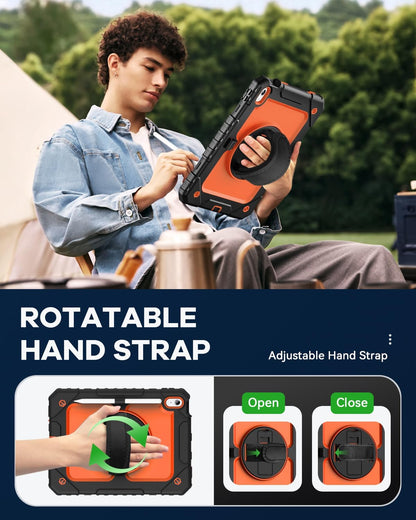 Cantis Case for iPad 11-inch (A16) 2025/ iPad 10th Generation 2022 (10.9 inch) with Screen Protector, iPad 11th Case with 360 Degree Rotating Stand/Shoulder Strap/Pencil Holder, Black+Orange
