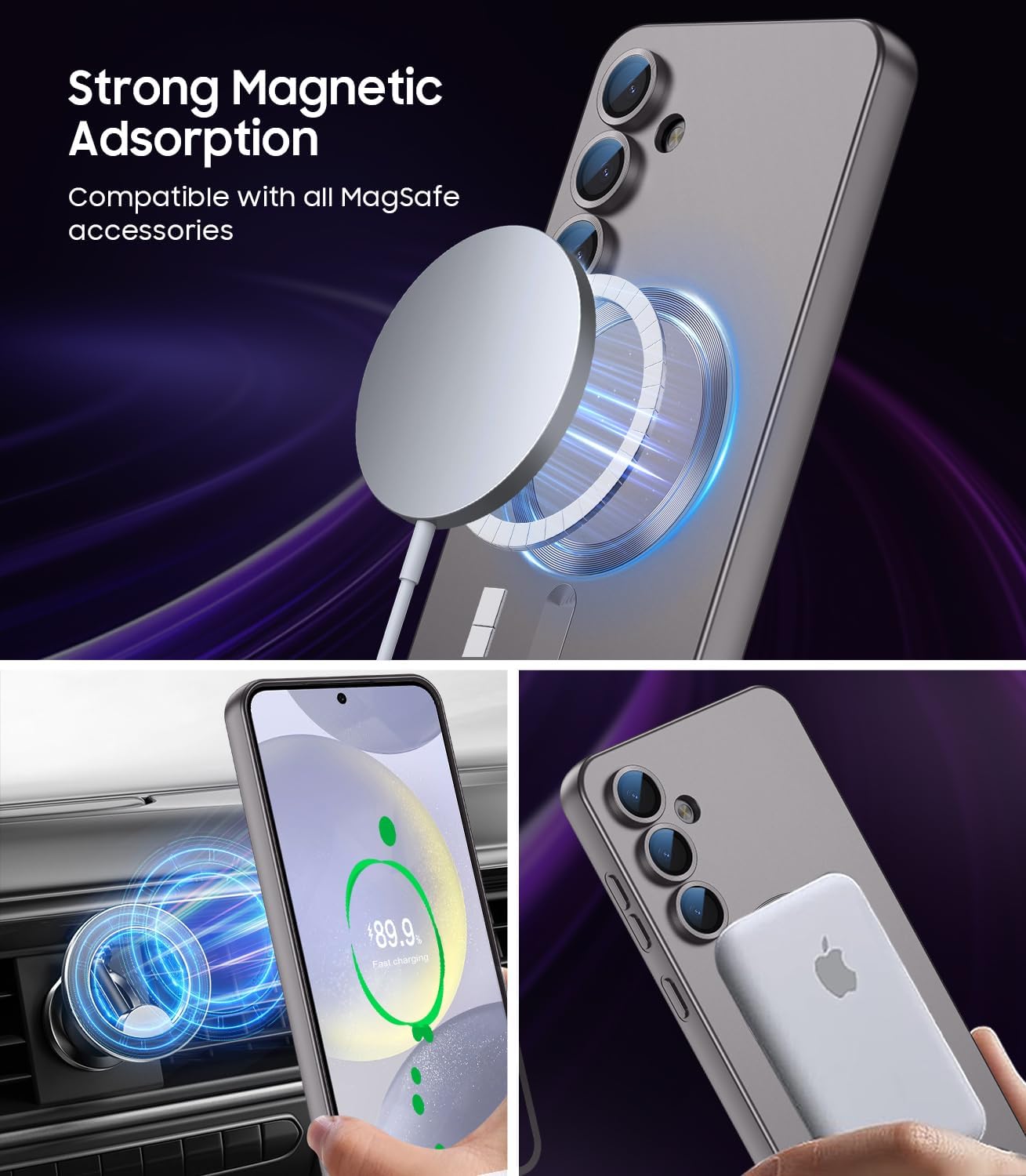 Magnetic for Samsung Galaxy S24 Case [Compatible with MagSafe][Built-in Camera Lens Protector] Slim Soft Silicone Bumper Shockproof Metallic Luster Phone Case (Gray)