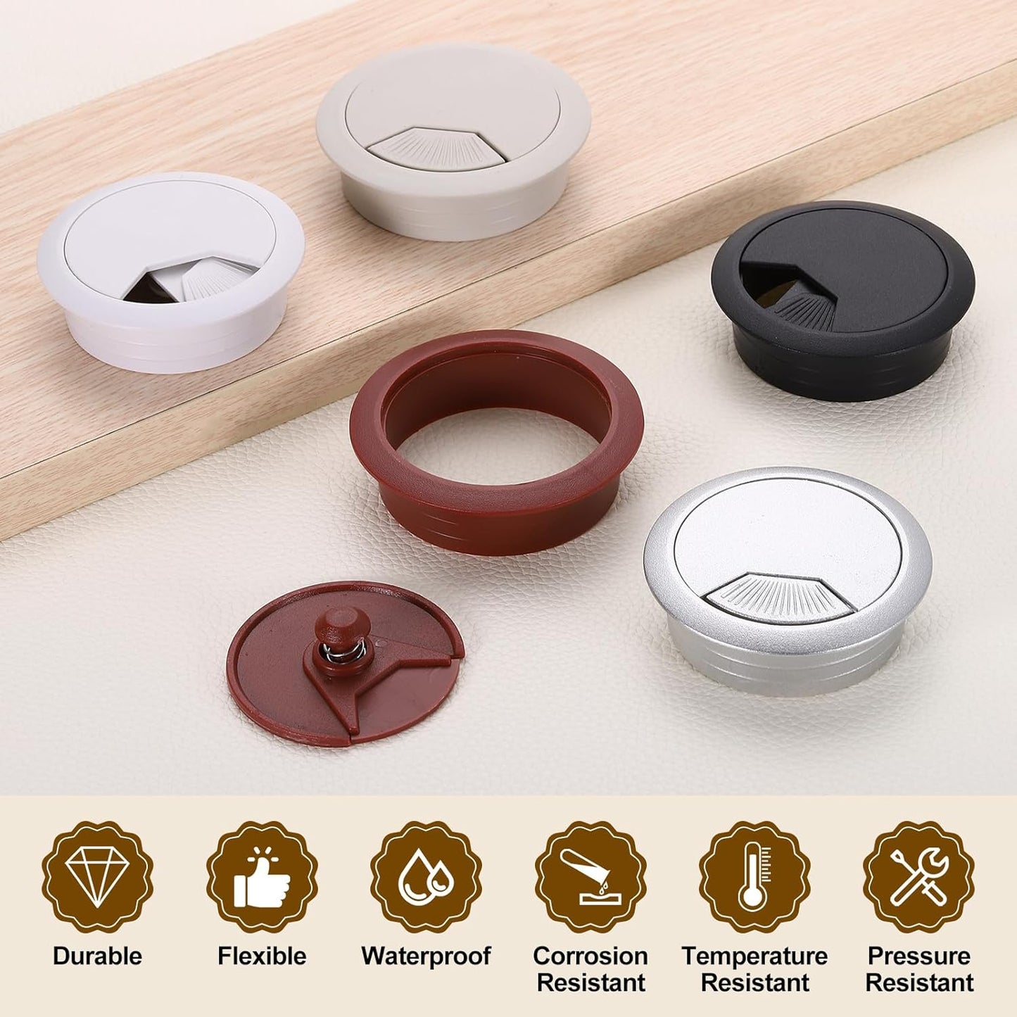 uxcell 5 Pcs 50mm (1.97 Inch) Desk Grommet, Plastic Cable Hole Cover, Wire Cord Cable Organizer for Home Office Computer Desk Cabinet, Brown