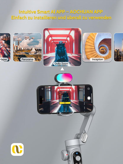 Gimbal Stabilizer for Smartphone,RGB Magnetic Refill Light Set,OLED Display LED Light Focus Wheel, Professional 3-axis stabilizer for Android &iPhone, AOCHUAN XPRO KIT Grey