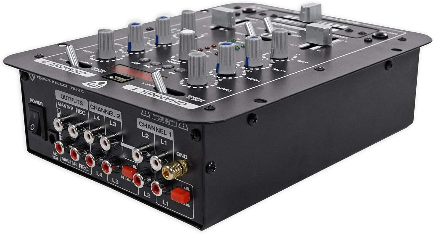 Rockville RDJ2 2-Channel DJ Mixer USB Playback, Cue Monitor, Talkover, 4 Line Inputs, Compact, Portable, for Beginner DJs and Small Events