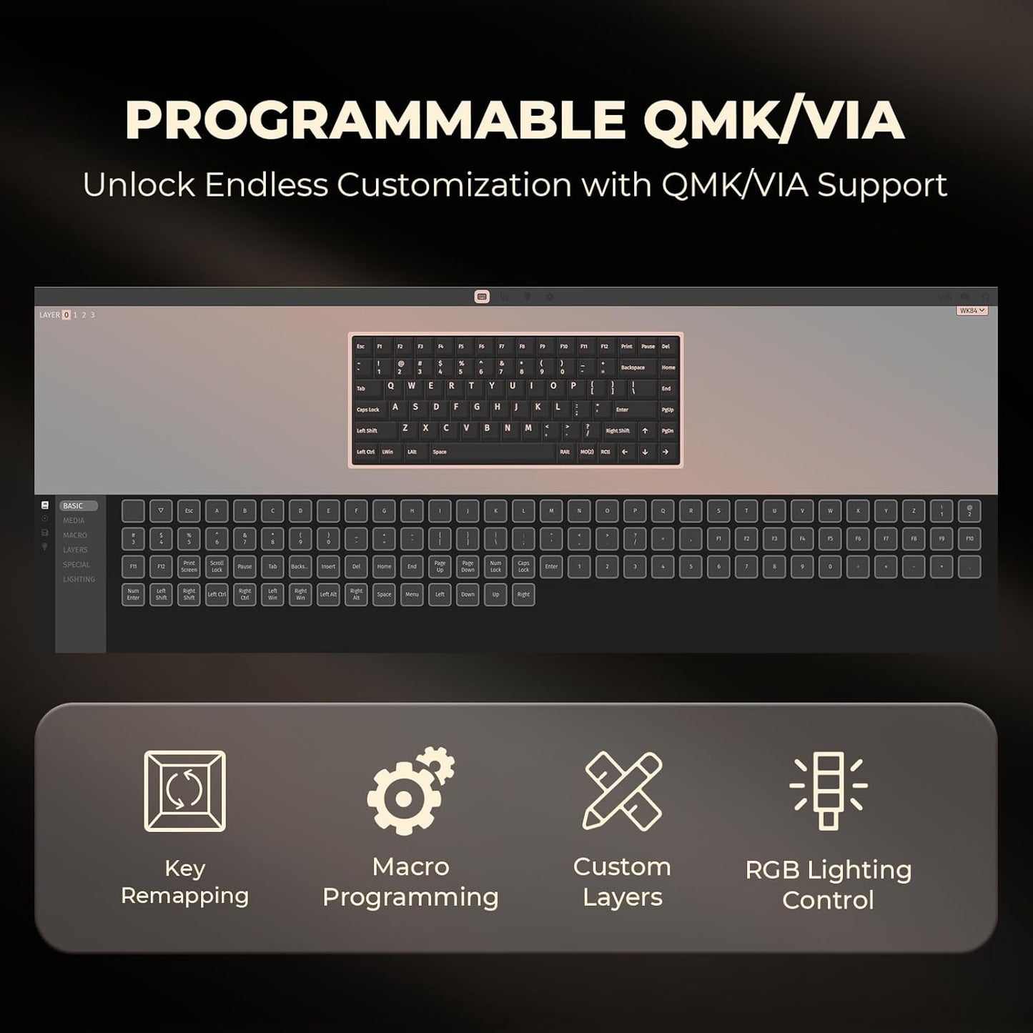 WK84 USB-C Wired Wooden Mechanical Keyboard, 75% Layout 84 Keys, RGB Backlit, Hot-Swappable Green Switches, QMK/VIA Programmable, for Gaming & Typing