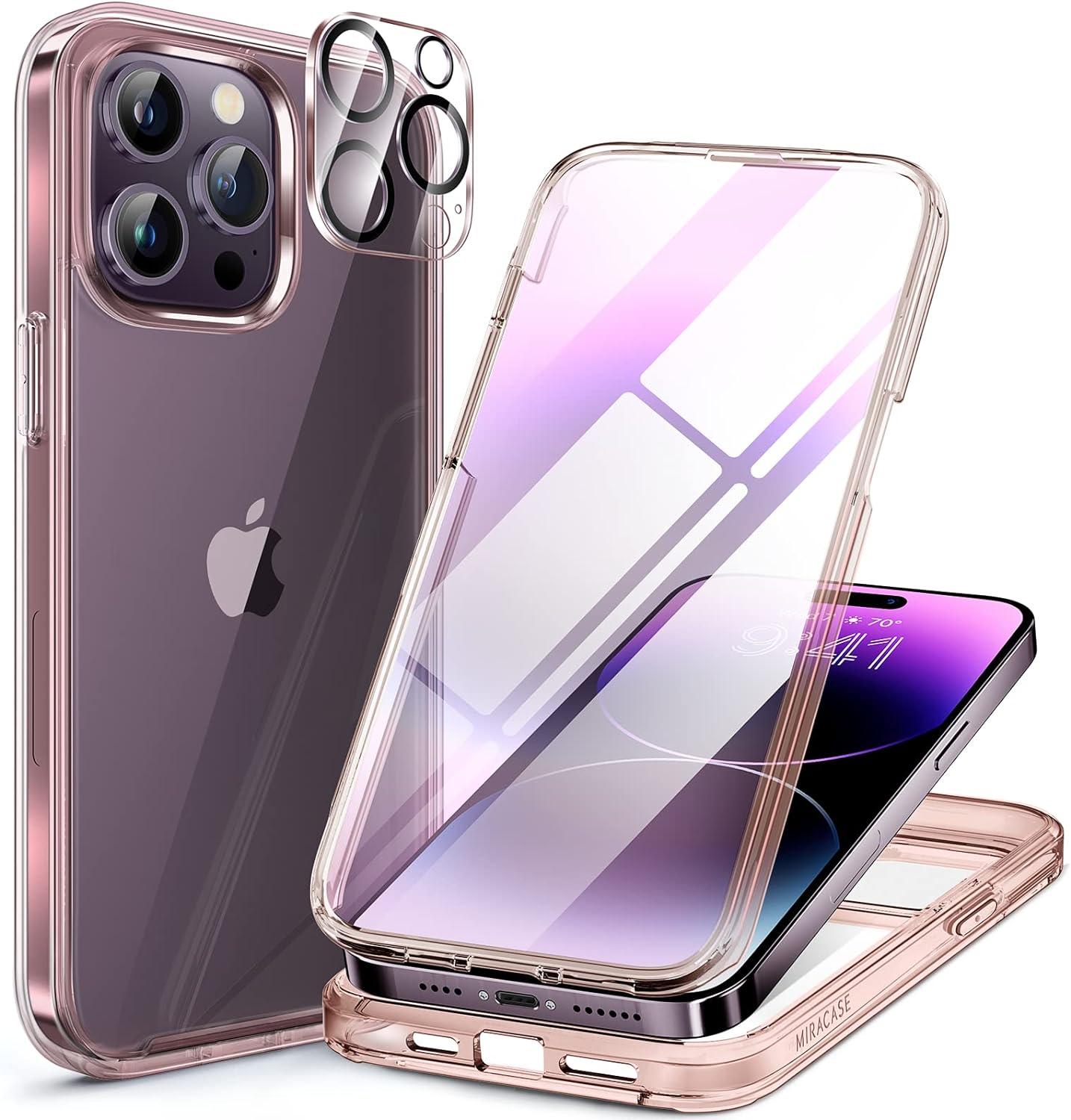 Miracase Glass Series Designed for iPhone 14 Pro Case 6.1 Inch, Upgrade Full-Body Bumper Case with Built-in 9H Tempered Glass Screen Protector, with Camera Lens Protector, Clear Pink