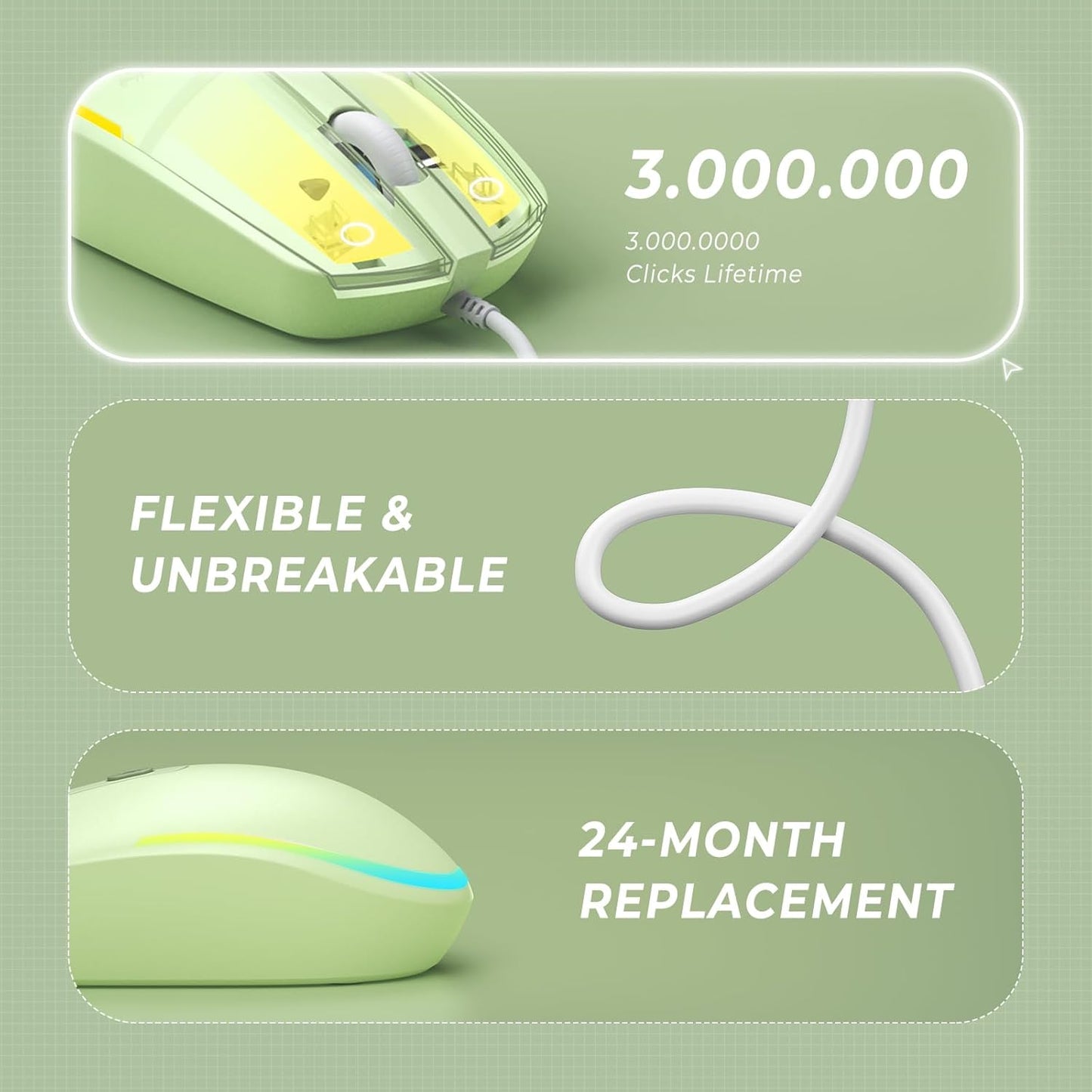 seenda Wired Mouse - USB Computer Mouse Wired with RGB Backlit Optical LED Mouse with Attached USB Cord for Laptops Notebooks Chromebook - Green