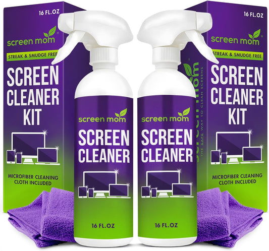 Screen Mom Screen Cleaner Spray and Microfiber Cloth 2-Pack (2x16oz) Screen Cleaner Spray and Wipe for TV, Computer, Phone, iPad, Car Screen Cleaning Kit Electronic Cleaner Spray