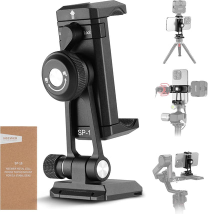 Neewer Phone Tripod Mount Adapter with Arca Type QR Base, Cold Shoe, 1/4" 3/8" Holes, 360° Swivel 180° Tilt, Phone Holder Compatible with iPhone Samsung Arca Swiss DJI RS 4 Pro 3 2 Stabilizer, SP-18