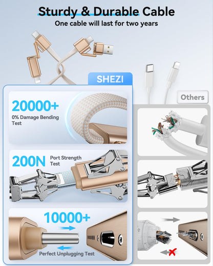 SHEZI 4-in-1 Compatible with USB C to Lightning Cable 240W Fast Charging & Data Transfer, Support to CarPlay & Android Auto, 5FT Multi Cords Charger for iPhone/iPad/Samsung/MacBook Cable, Titanium