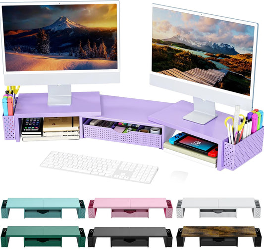 Spacrea Metal Desk Organizers and Accessories, Dual Monitor Stand Riser with Drawer and 2 Pen Holders, Desk Accessories & Workspace Desktop Organizers for Office Supplies (Purple)