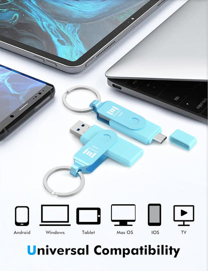 MOSDART 512GB USB3.1 Fast Speed C and A Dual Flash Drive, exFAT Memory Stick with Keychain and LED Indicator, for iPhone 15 and 16, Android Phone, iPad, MacBook, and Other Laptops, Sky Blue
