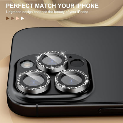 beuxece Compatible for iPhone 16 Pro/iPhone 16 Pro Max Camera Lens Protector, Bling Metal Tempered Glass Camera Screen Cover Accessories [Strong Adsorption][Case-Friendly]- Glitter Titanium Black