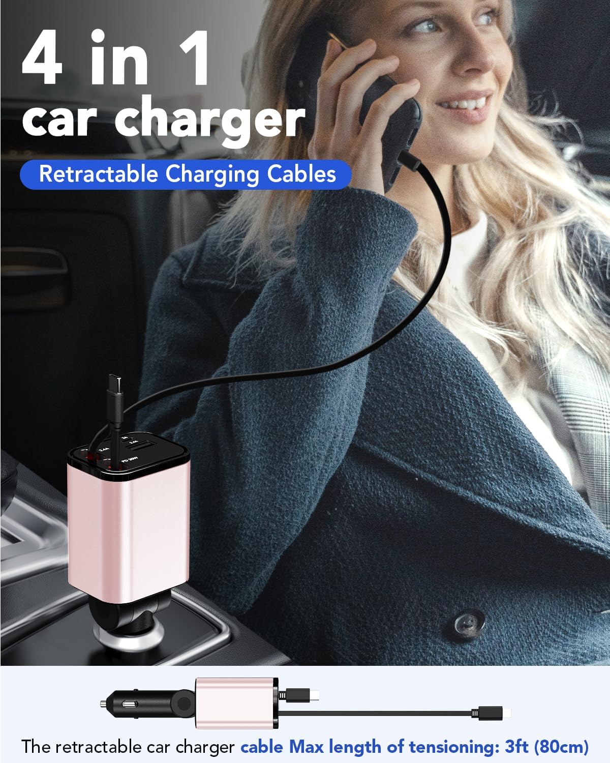 Retractable Car Charger, 4 in 1 Fast Car Phone Charger 69W, 2 Retractable Cables and 2 USB Port, Compatible with iPhone 16/15/14/13/12/11,Galaxy,Pixel