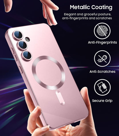 Magnetic for Samsung Galaxy S24 Case [Compatible with MagSafe][Built-in Camera Lens Protector] Slim Soft Silicone Bumper Shockproof Metallic Luster Phone Case (Rose Gold)