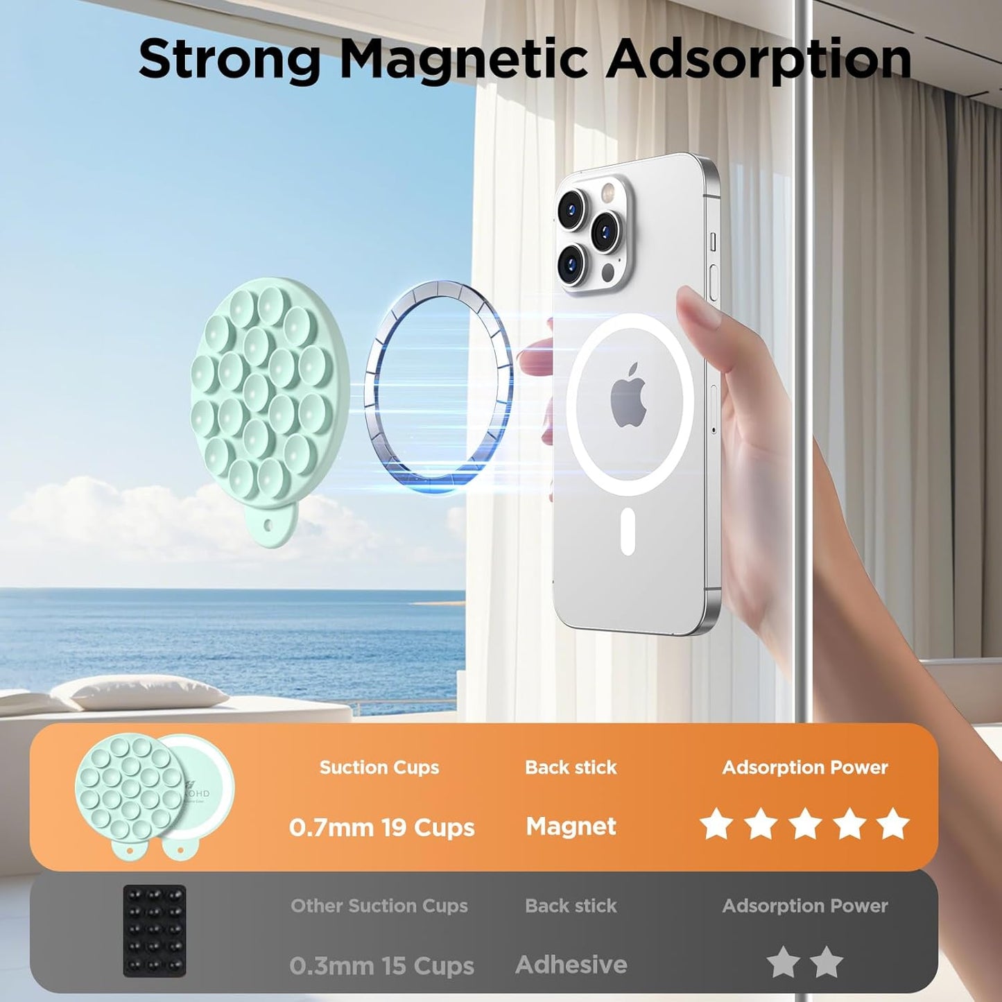 Magnetic Suction Cup Phone Mount for MagSafe Case, Silicone Hands-Free Phone Grip Holder for iPhone and Android, Mirror Shower Phone Stand for Makeup FaceTime Gym Kitchen Bathroom, Mint Green