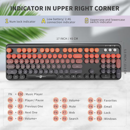 Wireless Keyboard and Mouse Combo, 104 Round Keys Cute Colorful Keyboard and Mouse with Retro Typewriter for PC/Mac/Laptop/Tablet/Computer/Windows Black Red