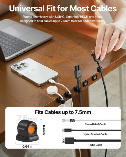 6 Pack Sinjimoru Magnetic Cable Clips, Compact Size Cord Organizer & Cable Management for Desk, Nightstand & Car, Fits up to 7.5mm Cables, Black