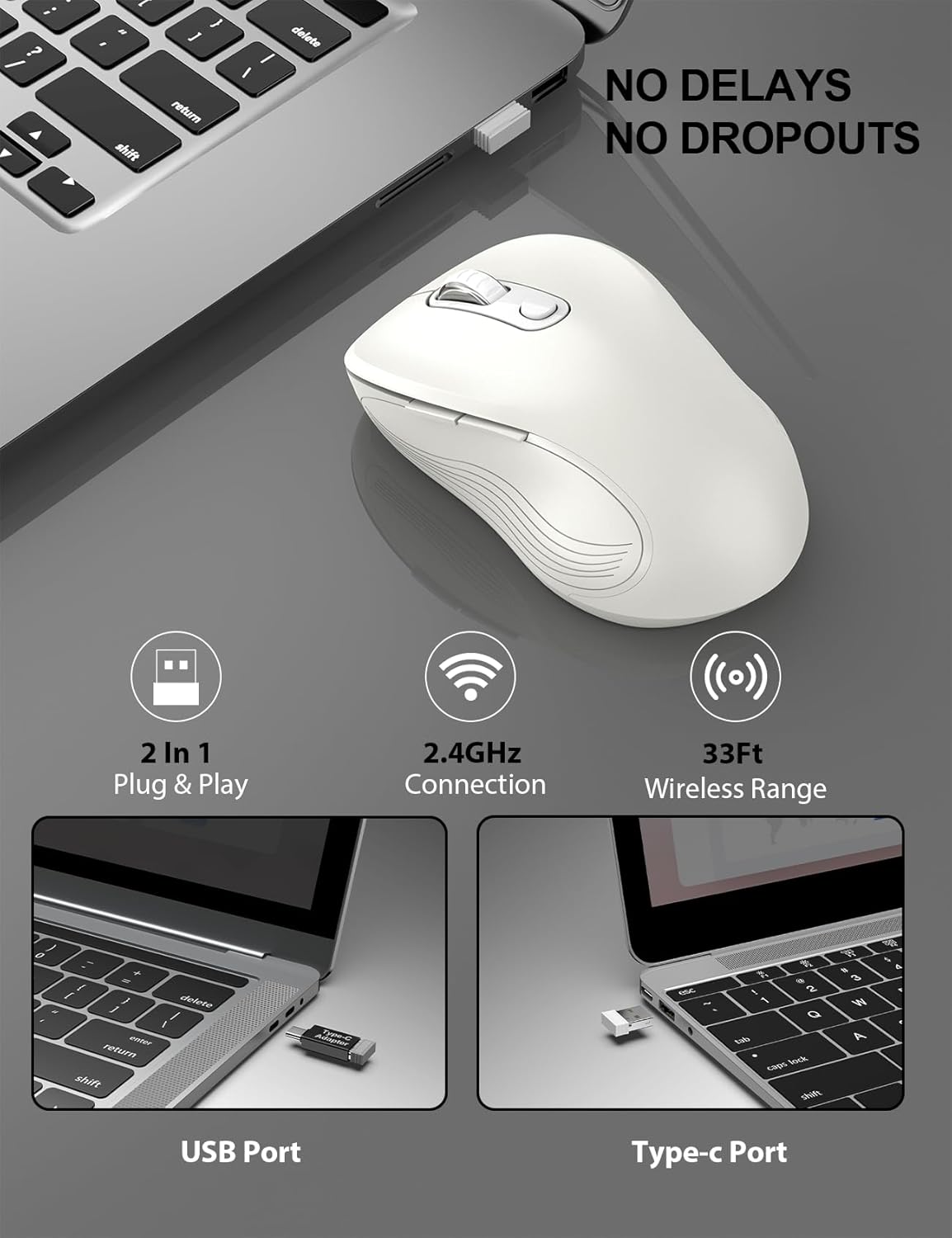 Trueque Wireless Mouse for Laptop, 2.4GHz Ergonomic Computer Mouse with Back & Forward Buttons, 3-Level DPI, 6 Buttons, Optical USB Cordless Mice for Windows Chromebook MacBook PC (Pure White)
