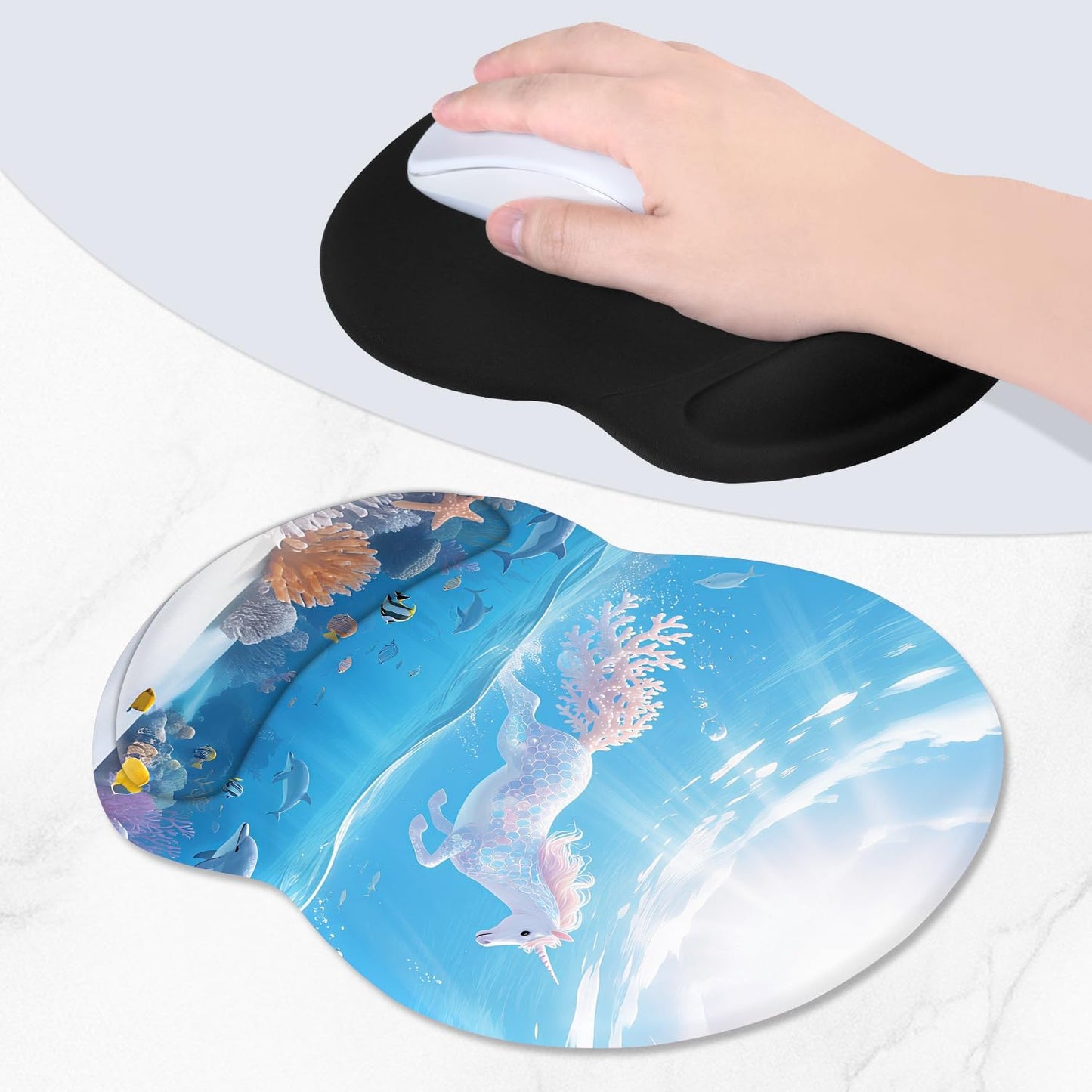 ITNRSIIET Ergonomic Mouse Pad with Comfort Gel Wrist Rest, Non-Slip PU Base, Smooth Textured Surface, Reduces Hand Fatigue & Wrist Pain, 8.7 x 7.2 Inch for Office Gaming Home, Ocean
