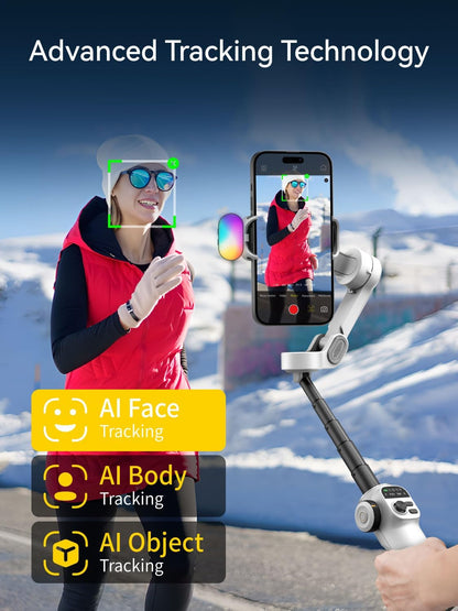 Gimbal Stabilizer for iPhone w/RGB Magnetic Fill Light, Foldable Gimbal w/7.8' Extension Rod & OLED Display for Vlogging & Filmmaking, Compatible with iPhone 16/15 Pro Max-Smart X2 Kit White