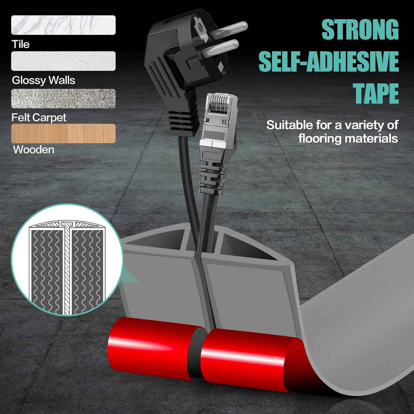 Floor Cord Cover Cavity 0.8"x0.37" Self Adhesive Cord Hider, 10FT Low Profile Cable Management, Extension Strip Protector for Wires, Prevent Cable Trips for Offices, Gyms, Exhibitions（Gray）