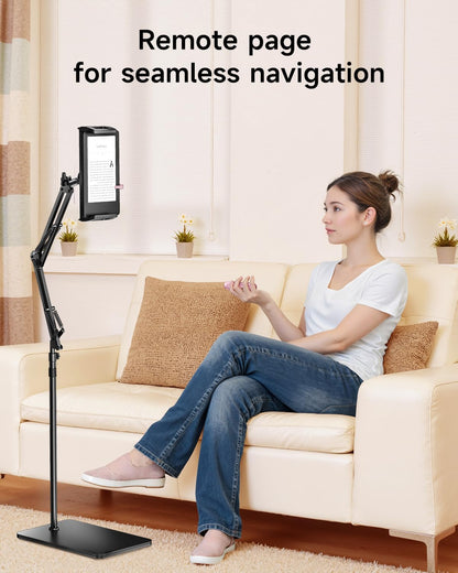 Floor Stand for Kindle with Remote Page Turner, Holder Stand for Reading in Bed with Clicker – for Kindle Paperwhite, Oasis,Tablet, iPhone and More 4.7-11 inch,Pink Remote