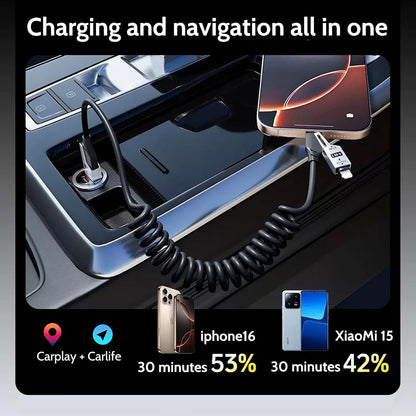 65W 4-in-1 Retractable Fast Charging Cable, 2M/6.5ft Spring Coiled USB-C to L/USB-C/USB-A Multi-Device Cord for iPhone 15/14/13, iPad, Samsung, MacBook, Laptop, Car, Tablet (2)