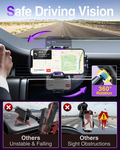 VANMASS Car Phone Holder Mount 2025 Upgraded [Patent Steel-Hook] Car Vent Phone Mount Clip Military-Grade Shockproof Cell Phone Car Mount Handsfree Truck Stand Vent Cradle for iPhone 16 Android,Purple