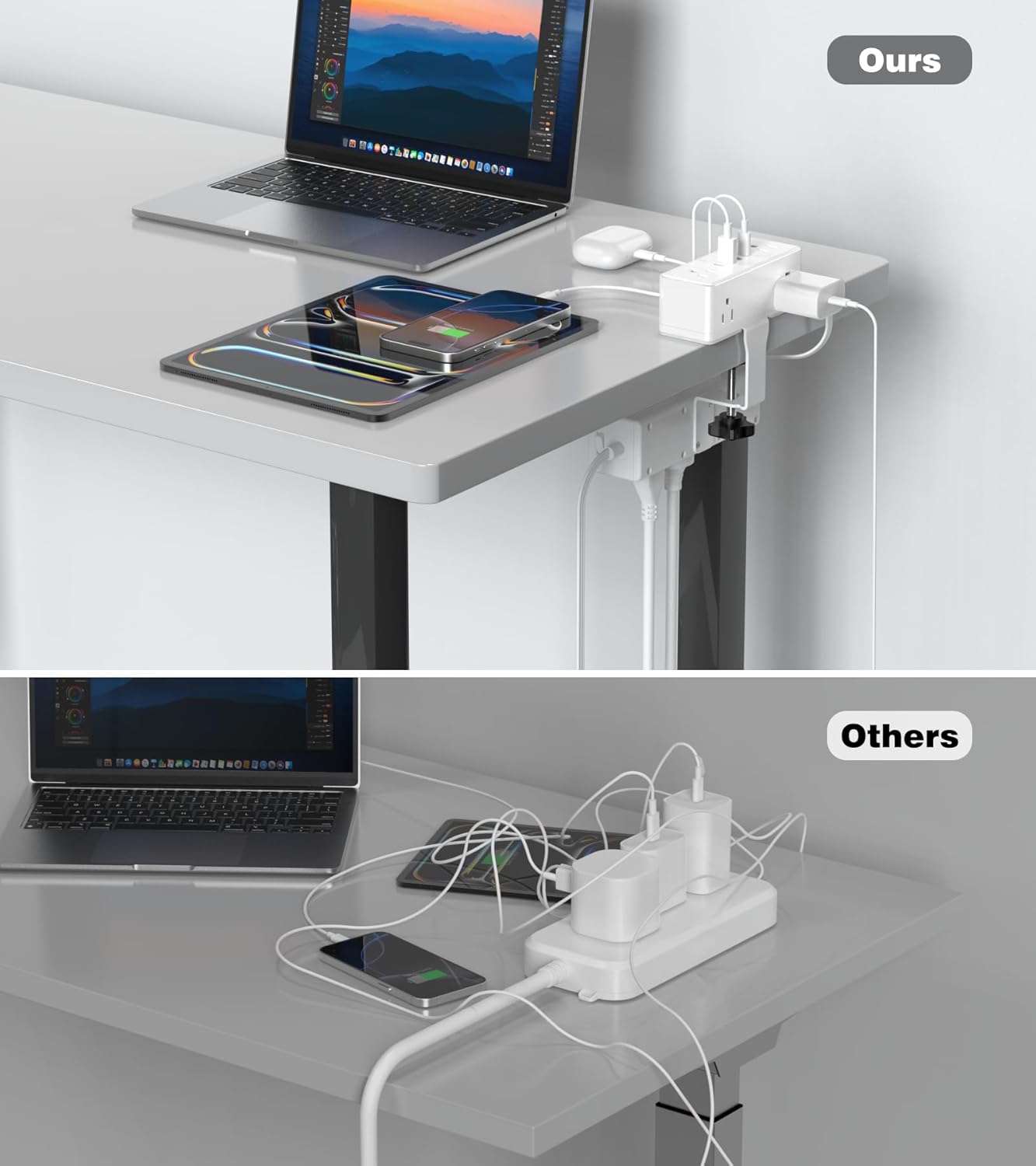 Dual Layer Desk Clamp Power Strip, 19 in 1 Desktop Edge Mount Surge Protector with 4 USB Ports(2 USB-C) & 15 AC Outlets, Ultra Thin Flat Plug & 5FT Power Cord for Office Home(ETL Listed)