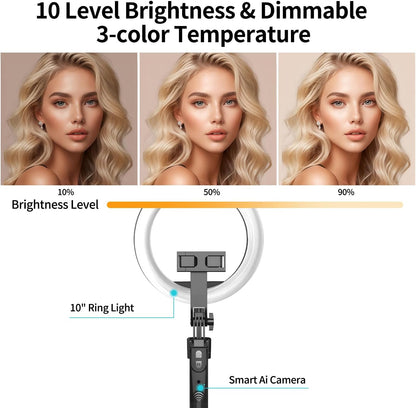 70.9" Auto Face Tracking Tripod 360° Rotation with 10" Ring Light, Phone Tripod & Selfie Stick with Remote for Cell Phone 4"-7", Motion Sensor Phone Tripod for Tiktok Live Stream Vlog Video Recording