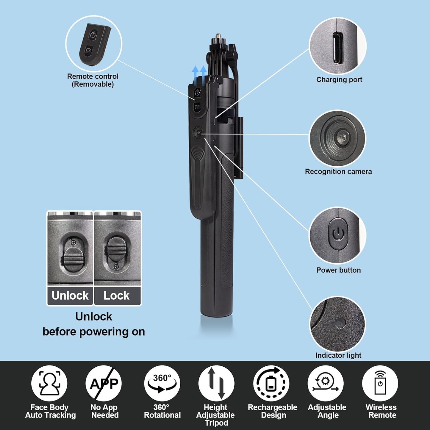 Extendable Auto Face Tracking Phone Tripod Stand, 360° Rotation Selfie Sticks with Light, Smart AI Facial Recognition, Tripod with Wireless Remote, Cameraman Shooting for Video, Vlog, Live Stream
