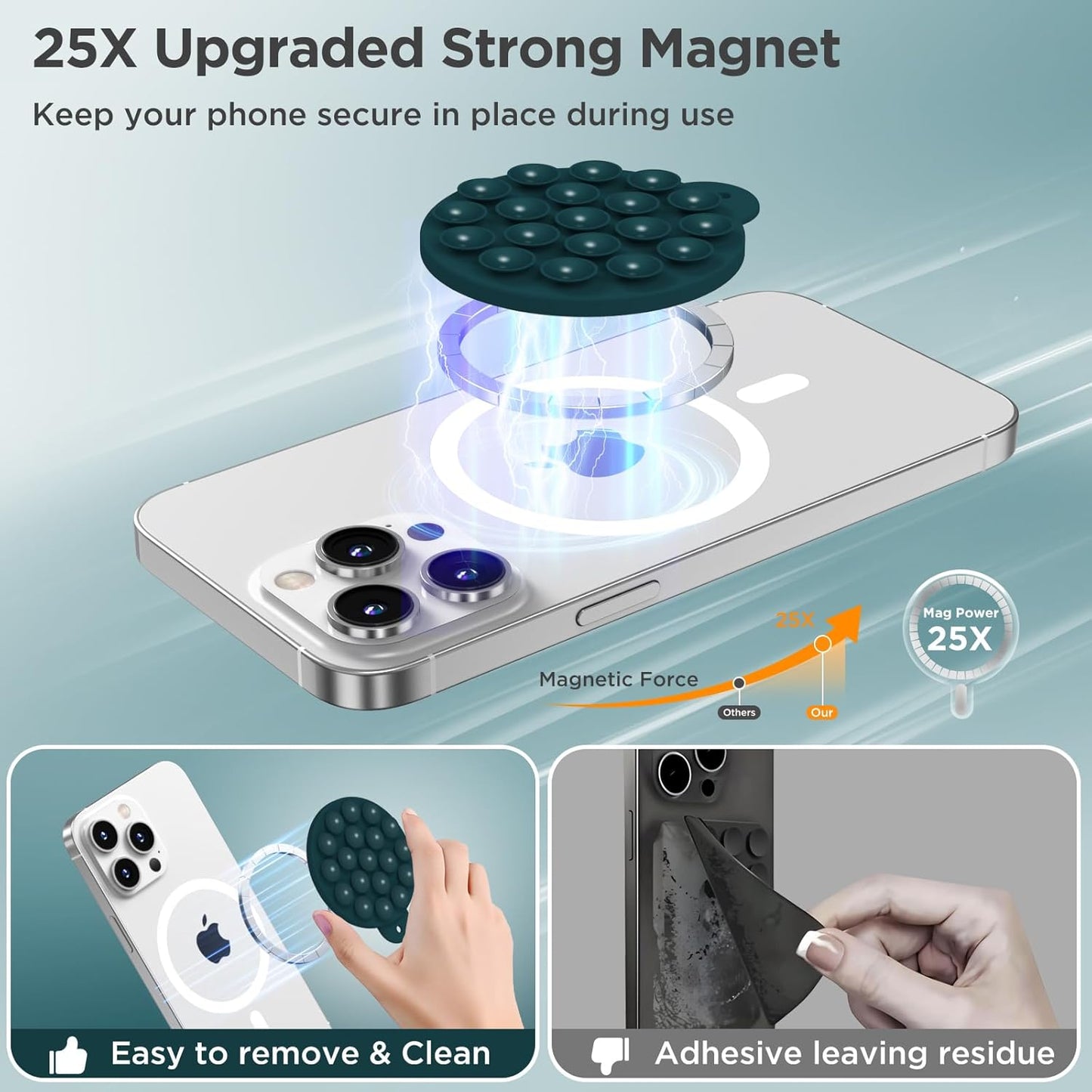 Magnetic Suction Cup Phone Mount for MagSafe Case, Silicone Hands-Free Phone Grip Holder for iPhone and Android, Mirror Shower Phone Stand for Makeup FaceTime Gym Kitchen Bathroom, Dark Green