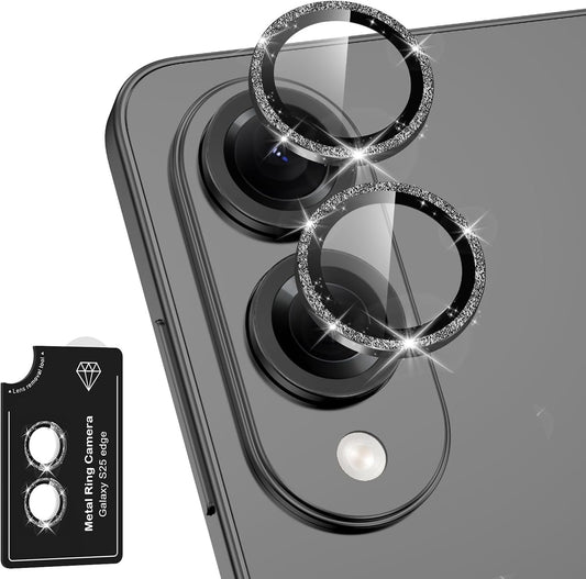for Samsung Galaxy S25 Edge Camera Lens Protector, Individual Metal Ring Tempered Glass Lens Cover, [Strong Adsorption] Scratch Resistant Ultra-Thin HD Clear Lens Cover, 1 Set-Black Sparkly