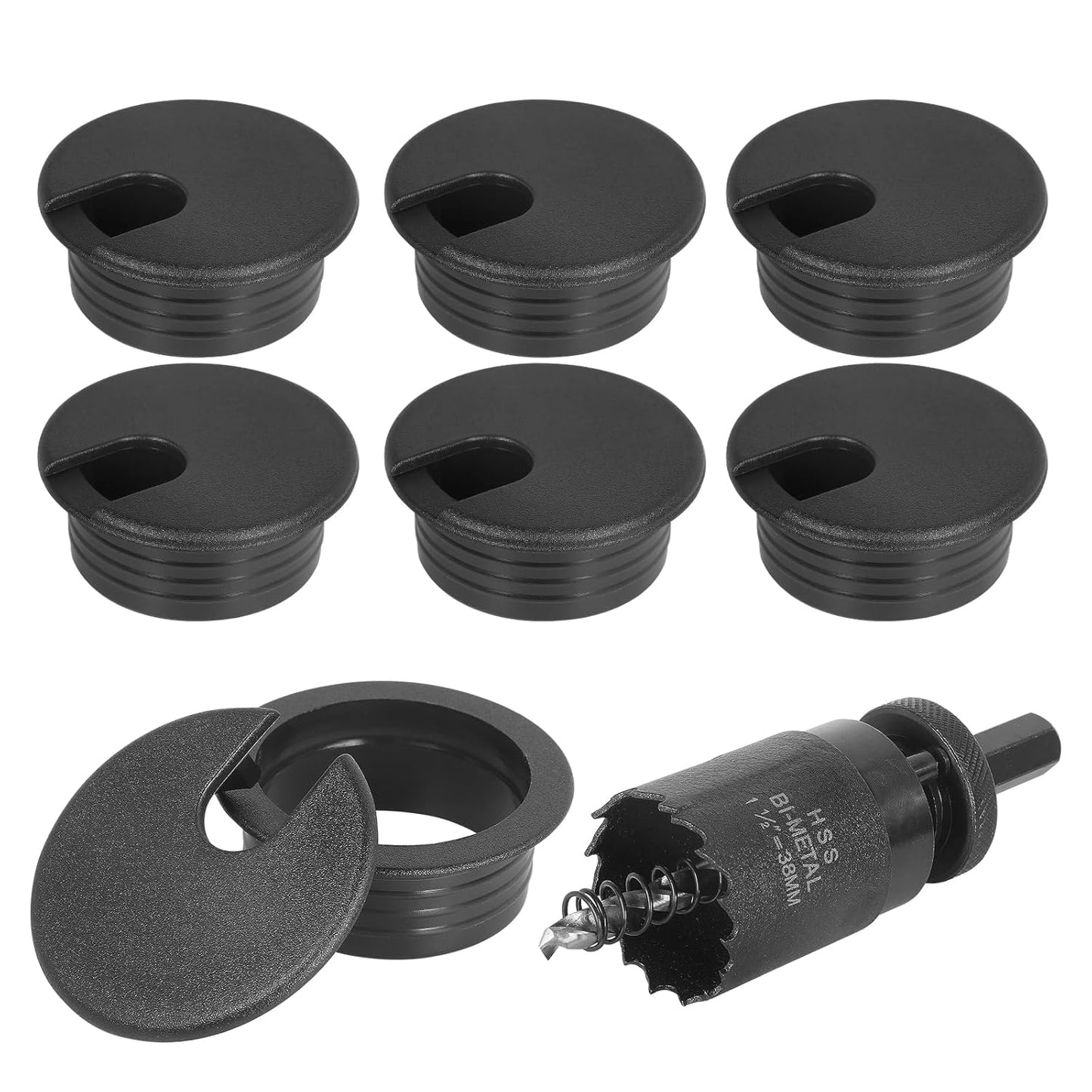 1-1/2" Black Desk Grommet with Bi-Metal Hole Saw, JTemgle Plastic Cable Hole Cover Computer Table Cord Wire Organizer Caps, Desktop Cord Management for Home Office TV Stands Tabletops, 7 Pieces