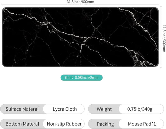 Dynippy Thin Extended Gaming Mouse Pad （31.5 * 11.8 * 0.08 inch） with Stitched Edges Large Mousepad Long XXL Keyboard and Mouse pad Desk Mat for Gaming Office & Home - Black White Marble