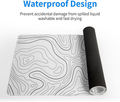 Topographic Contour White Gaming Mouse Pad XL Geographic Map Lines Extended Big Large Desk Mat Non-Slip Rubber Base Stitched Edge Long Keyboard Mousepad for PC Computer Laptop,31.5x11.8 Inch