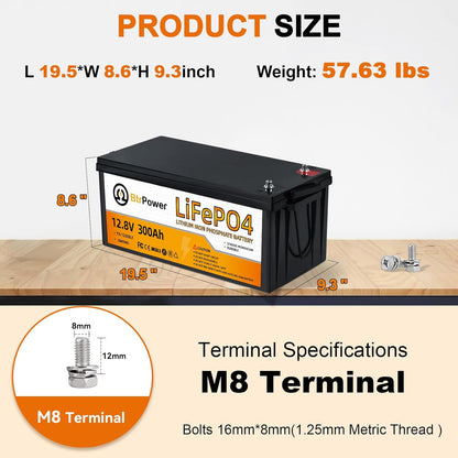 12V 300Ah Lithium Battery LiFePO4 Deep Cycle Battery,200A BMS,Up to 15000 Cycles,Perfect for RV, Home Storage,Marine,Solar Power System and Outdoor Camping.