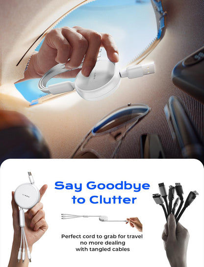 LISEN Multi Charging Cable, 3 in 1 Charging Cable, Retractable Car Charger with Type C/L/Micro USB Ports for iPhone 16 15 14 Pro Max/Samsung Galaxy S25/PS/Kindle, Multi Chargers for All Devices, White