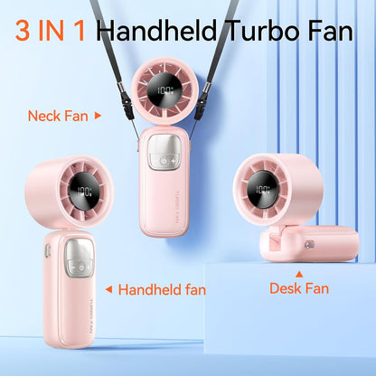 3-in-1 Portable Handheld Turbo Fan-100 Speeds, 15000 RPM, 10Hrs Cooling, LED Display, 90° Rotation, USB Rechargeable Battery Powered, Mini Foldable Hand Held Personal Fan for Women Men (Pink)