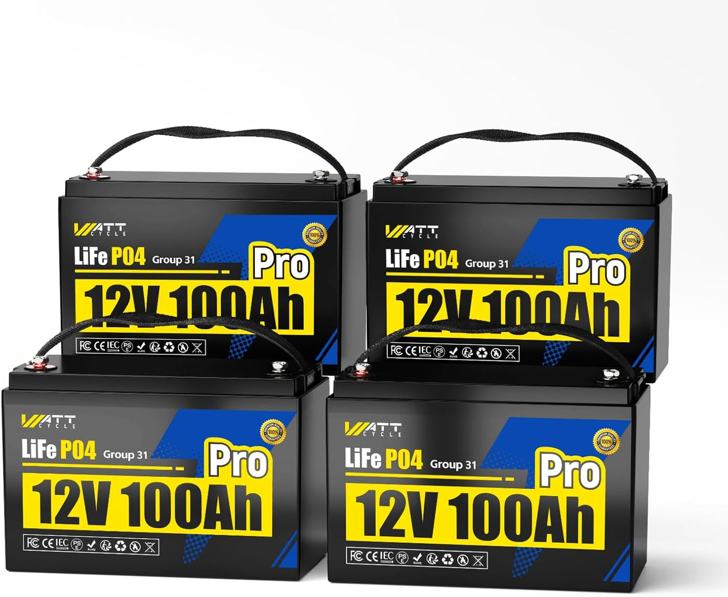4Pack 12V 100Ah LiFePO4 Lithium Battery, BCI Group 31,Deep Cycle Up to 15000 Cycles, 110A BMS, Low Temperature Protection, 10 Years Lifespan, Perfect for RV/Home Energy Storage