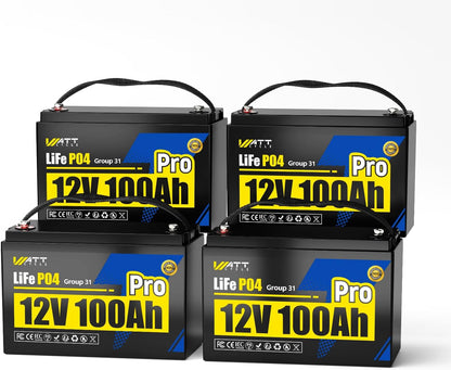 4Pack 12V 100Ah LiFePO4 Lithium Battery, BCI Group 31,Deep Cycle Up to 15000 Cycles, 110A BMS, Low Temperature Protection, 10 Years Lifespan, Perfect for RV/Home Energy Storage