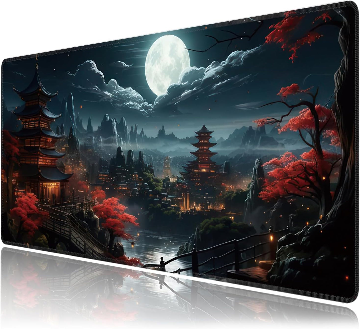 Japanese Full Moon Large Mouse Pad,Gaming Keyboard Desk Pad,Extended Mouse Mat Non-Slip Rubber Base with Stitched Edges for Office Game Home XXL 35.4"x15.7"