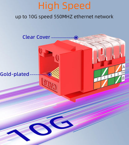 Rapink RJ45 Keystone Jack Cat6 10G Support, Keystone Jacks UTP 25 Pack for Wall Plate and Patch Panel, Rj45 Keystone 90 Degree Red Color for Cat6, Cat5e, Cat5 Cabling