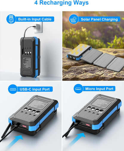 Solar Charger Power Bank 49800mAh with 4 Built-in Cables & 3 Foldable Panels, PD22.5W Fast Portable Phone Charger, External Battery Pack with USB-C in/Output & Flashlight for Outdoor Camping