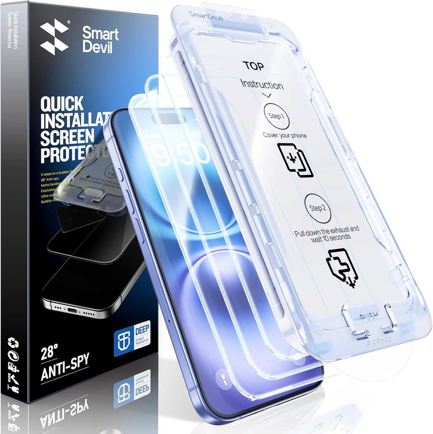 SMARTDEVIL 2 Pack Screen Protector for iPhone 16 (6.1 Inch) Tempered Glass, HD Clear Film, Easy Installation, Dust-Free & Bubble-Free