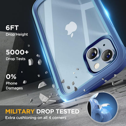 Miracase Glass Series Designed for iPhone 14 Plus Case 6.7 inch, 2023 Upgrade Full-Body Clear Bumper Case with Built-in 9H Tempered Glass Screen Protector and Camera Lens Protector,Blue